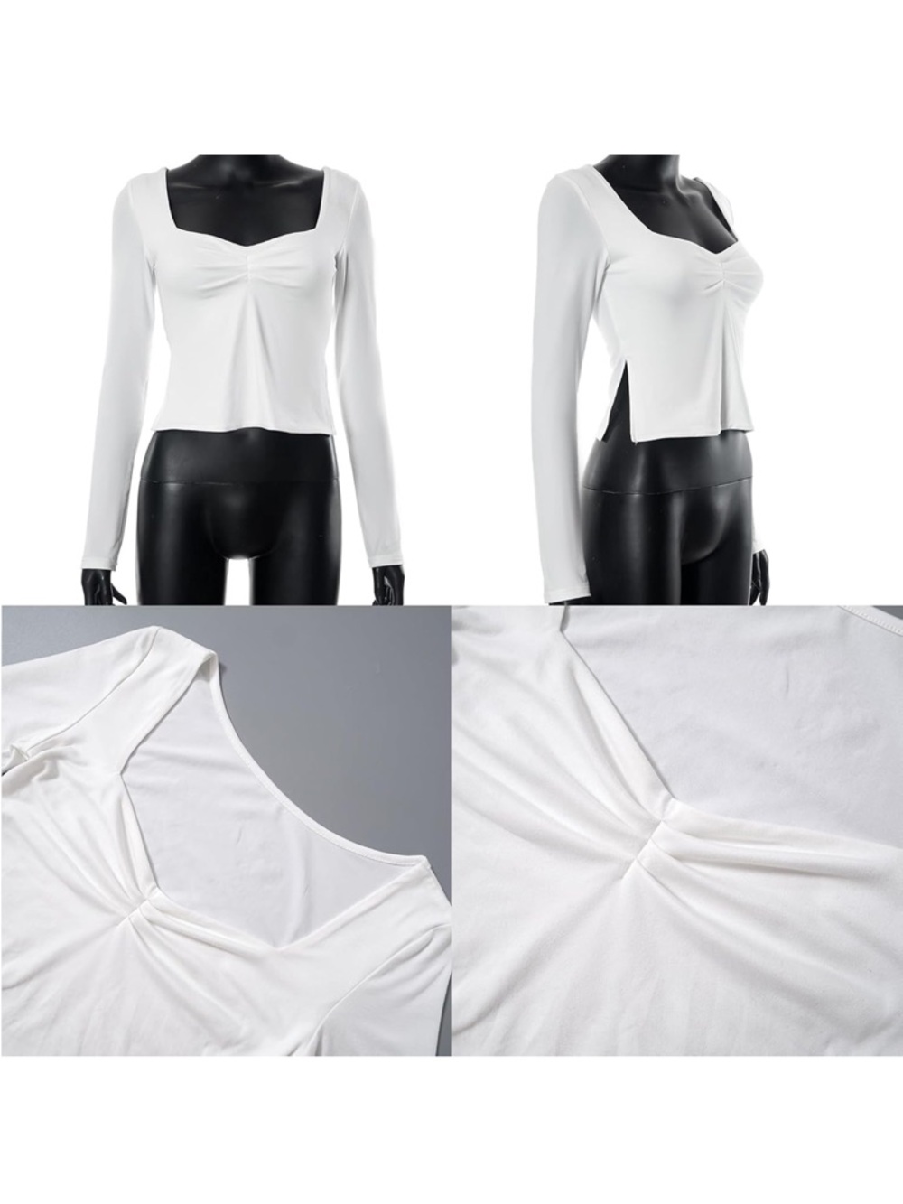 White Long Sleeve Square Neck Crop Top - Picture 4 of 5